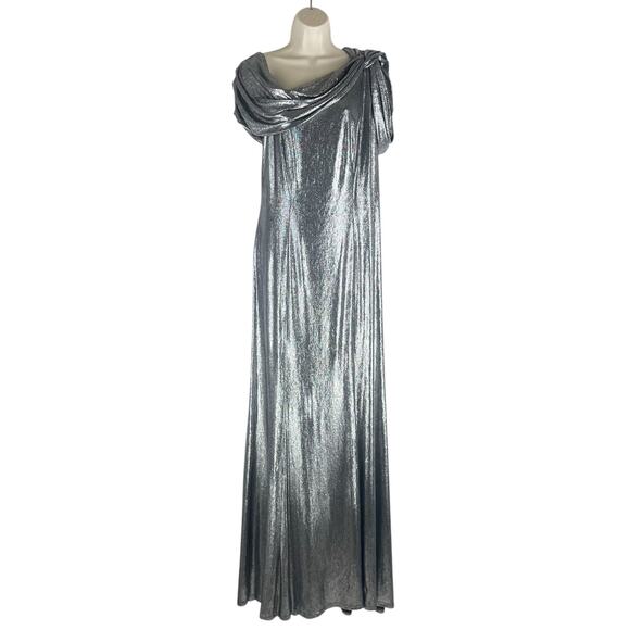 Tadashi Shoji Copley Shoulder Drape Lame Gown Silver Steel Size XL - Picture 3 of 13